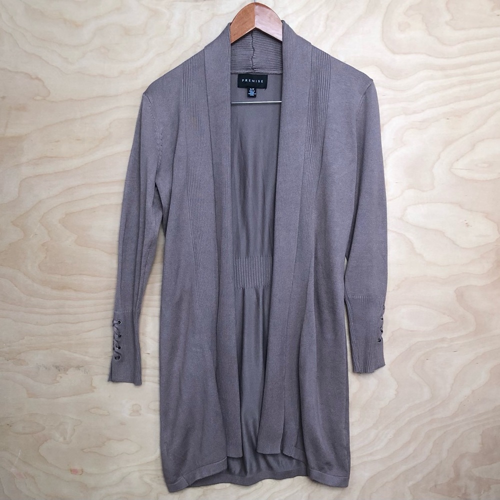 Premise Ribbed Cardigan Sweater Open Front Pockets Long Length Womens Size SP.